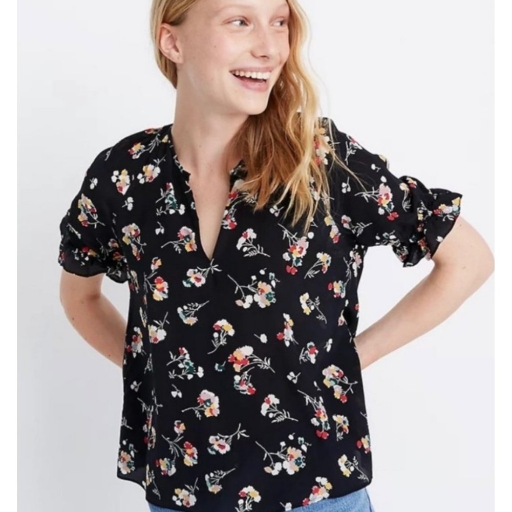 Madewell Black Floral Split-Neck Blouse
